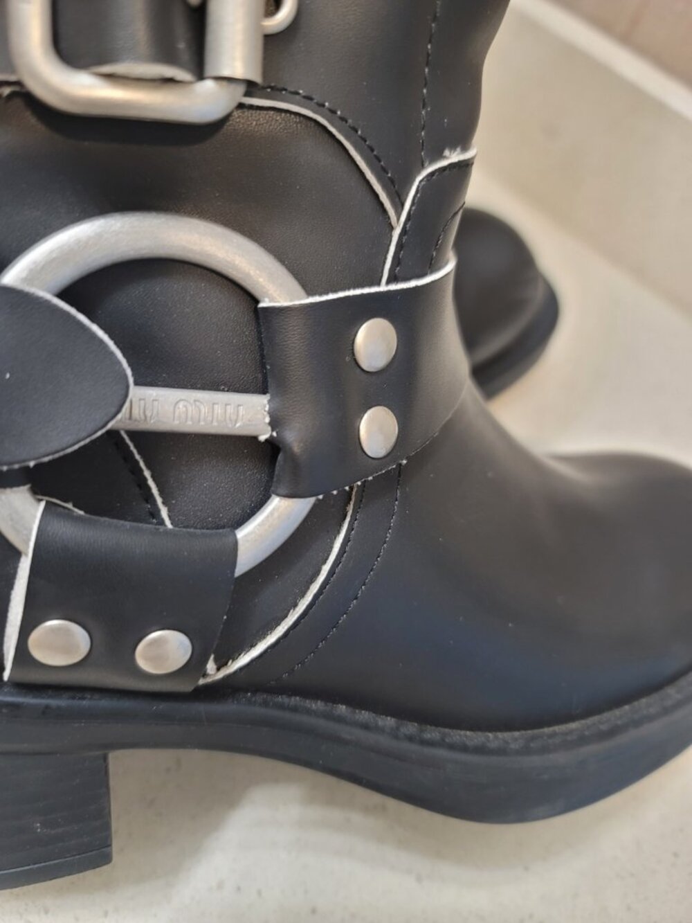 Miu Miu Biker Iconic Buckles Black Leather Knee Length Boots Size 37 - Picture 5 of 9